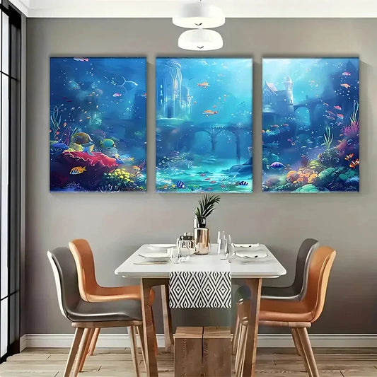 3pcs Ocean Underwater Red Flowers Fishes Metal Print Ready to Hang Art