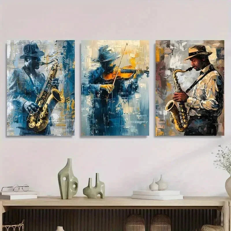 3pcs Saxophone, Violin, Saxophone Player Yellow Metal Print Ready to Hang Art