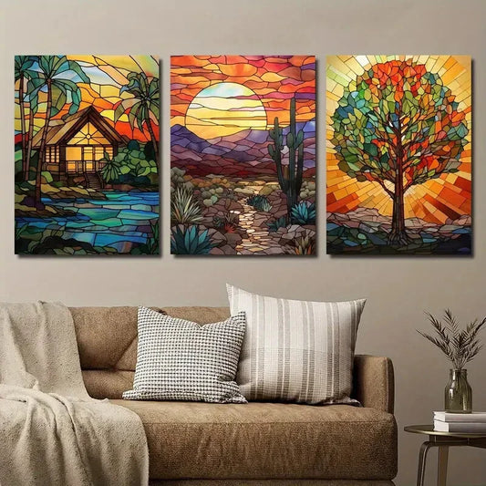 3pcs Stained Glass Style Village Desert Sunset Metal Print Ready to Hang Art