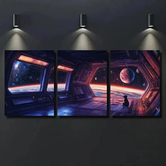 3pcs Space Station View with Dog Wall Art Set Canvas Framed 40x60cm - High Quality Print 100% Australian Made Wall Canvas Ready to Hang