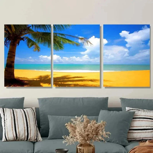 3pcs Beach Scene Palm Trees & Ocean Paradise Wall Art Set Canvas Framed 40x60cm - High Quality Print 100% Australian Made Wall Canvas Ready to Hang