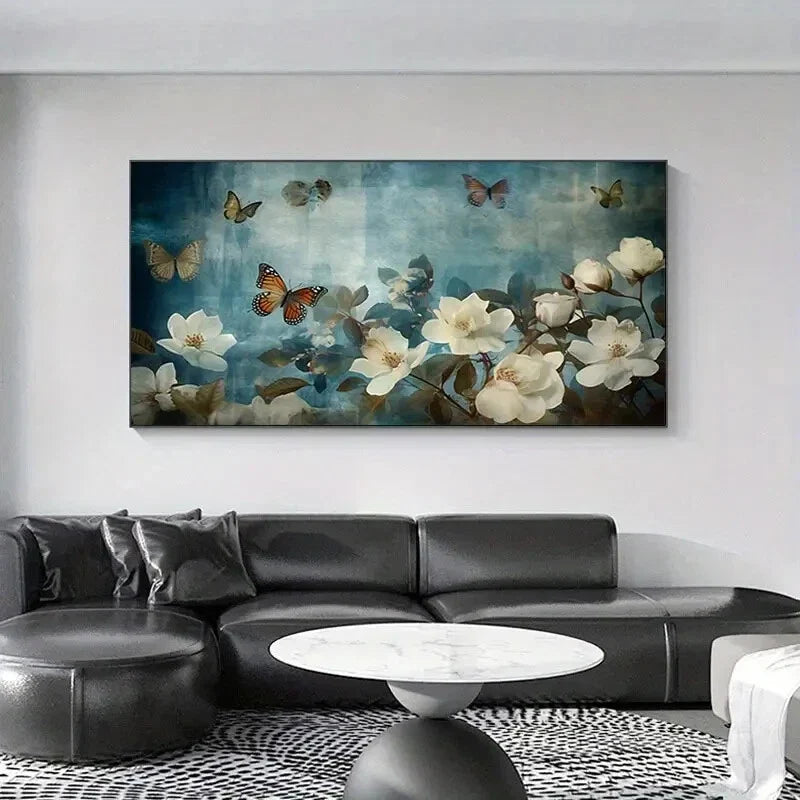 White Flowers Retro Butterfly wall canvas office home room framed 120x60cm