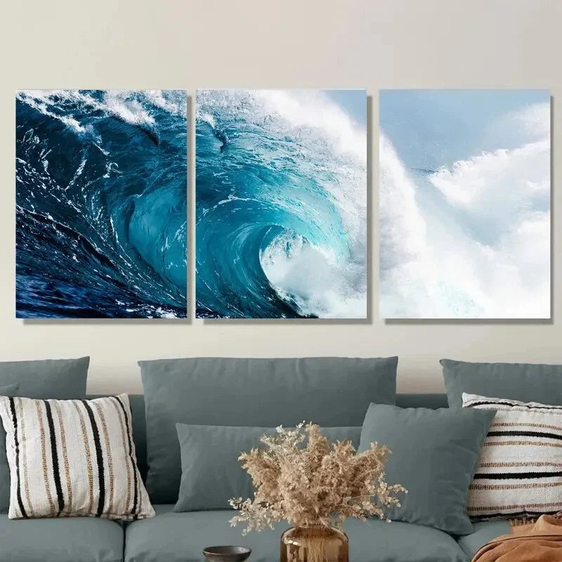 3pcs Modern Coastal Ocean Wave Triptych Metal Print Ready to Hang Art