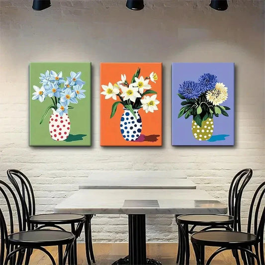 3pcs Polka Dot Vases with Daffodils Perfect Wall Art Set Canvas Framed 40x60cm - High Quality Print 100% Australian Made Wall Canvas Ready to Hang
