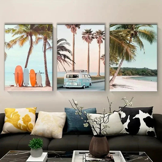 3pcs Modern Beach and Palm Trees Metal Print Ready to Hang Art