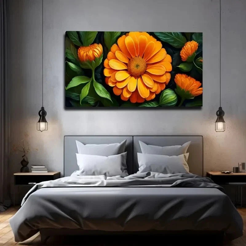Vibrant Orange & Yellow Flowers Wall Art Canvas Office Home Room Framed 80x45cm