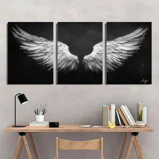 3pcs Elegant Black and White Feathered Wings Metal Print Ready to Hang Art