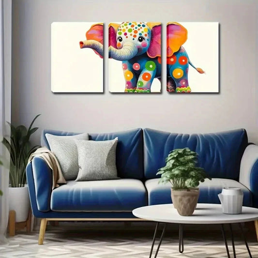 3pcs Cute Elephants Dressed in Colorful Circles Wall Art Set Canvas Framed 40x60cm - High Quality Print 100% Australian Made Wall Canvas Ready to Hang
