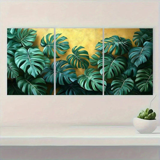 3pcs Nature Monstera Botanical Leaf Green & Beige Metal Print Ready to Hang Art