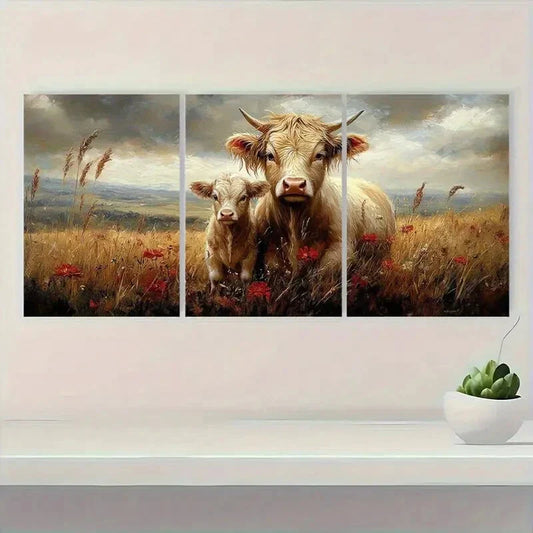 3pcs Highland Cow and Calf Countryside Scene Metal Print Ready to Hang Art