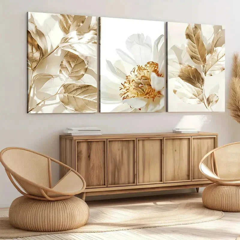 3pcs Modern Art Golden Leaf Floral Light Luxury Wall Art Set Canvas Framed 40x60cm - High Quality Print 100% Australian Made Wall Canvas Ready to Hang