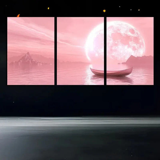 3pcs Pink Theme Moonrise Scenery Metal Print Ready to Hang Art