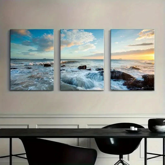 3pcs Ocean Waves Blue Sunrise and Sunset Metal Print Ready to Hang Art
