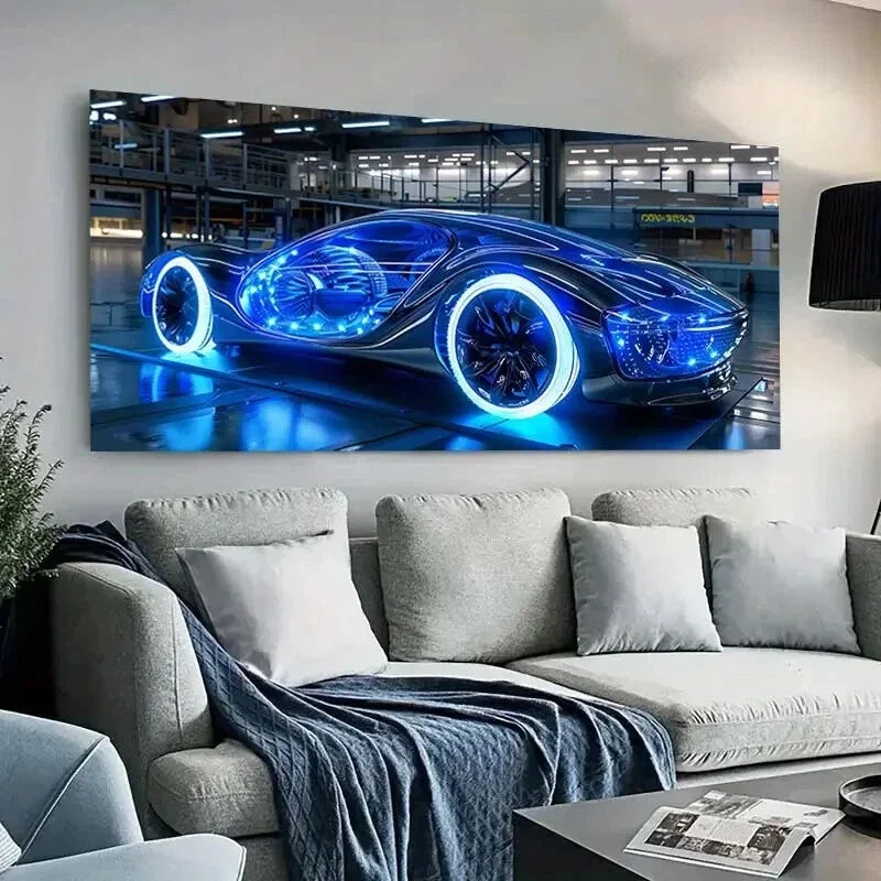 Futuristic Car High-Tech Blue Wall Art Canvas Office Home Room Framed 120x60cm