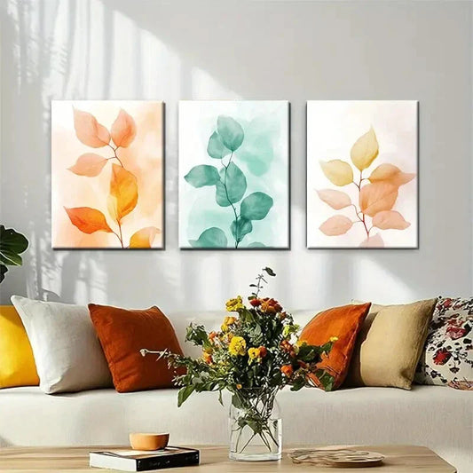 3pcs Soft Watercolor Leaves Orange Green Metal Print Ready to Hang Art