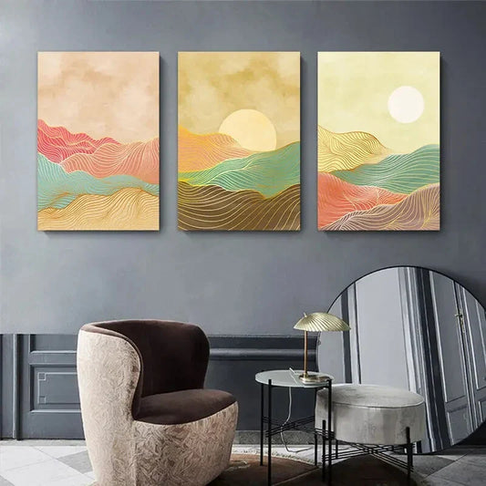 3pcs Sunrise Sunset Bohemian Mid-Century Modern Metal Print Ready to Hang Art