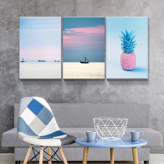 3pcs Healing Sea View Nature Blue & White Metal Print Ready to Hang Art