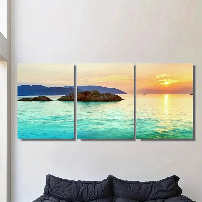 3pcs Sunset Ocean View Triptych Vibrant Seascape Metal Print Ready to Hang Art