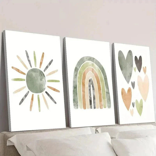 3pcs Bohemian Neutral Sun Rainbow Wall Art Set Canvas Framed 40x60cm - High Quality Print 100% Australian Made Wall Canvas Ready to Hang