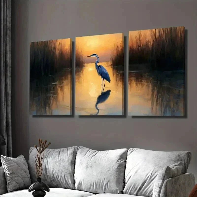 3pcs Blue Heron Sunset Paintings Wall Art Set Canvas Framed 40x60cm - High Quality Print 100% Australian Made Wall Canvas Ready to Hang