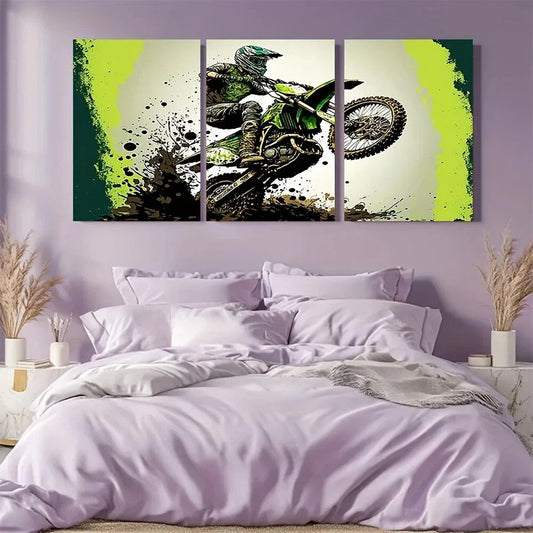 3pcs Green Dirt Bike Motocross Stunt Metal Print Ready to Hang Art