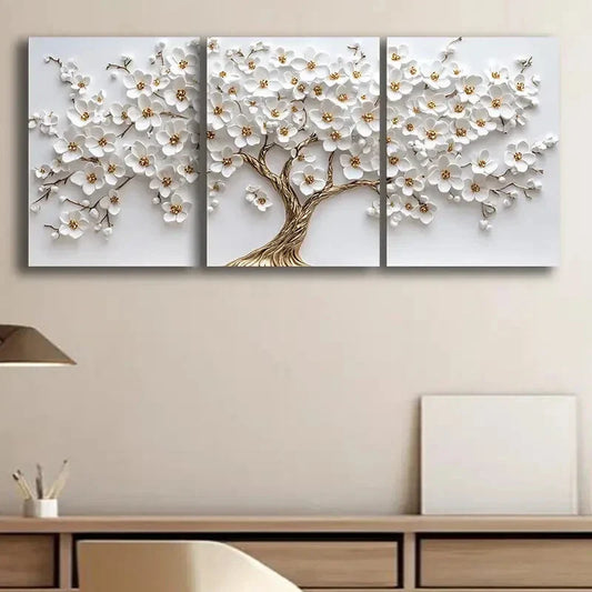 3pcs White Flower Tree Design Metal Print Ready to Hang Art