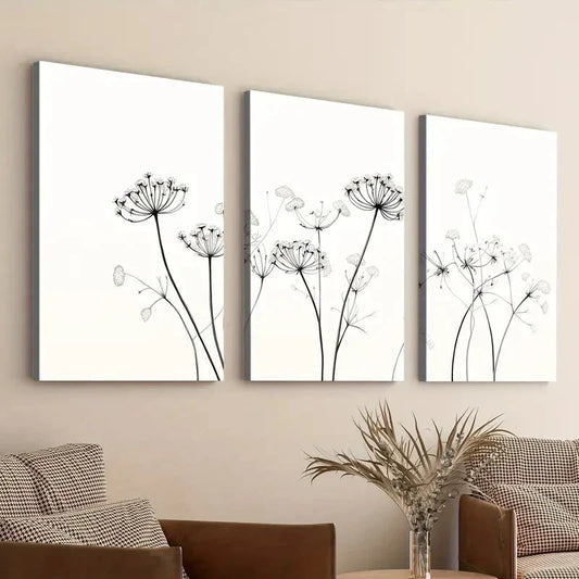3pcs Queen Annes White Black Liner Florals Wall Art Set Canvas Framed 40x60cm - High Quality Print 100% Australian Made Wall Canvas Ready to Hang