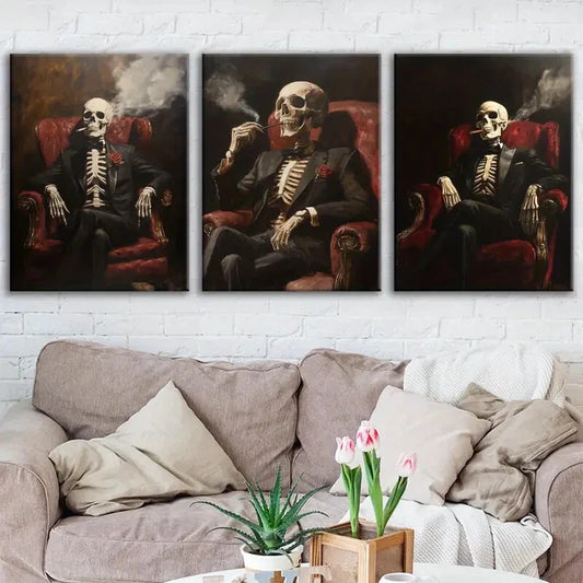 3pcs Abstract Smoking Skeleton Rose Black Chair Wall Art Set Canvas Framed 40x60cm - High Quality Print 100% Australian Made Wall Canvas Ready to Hang