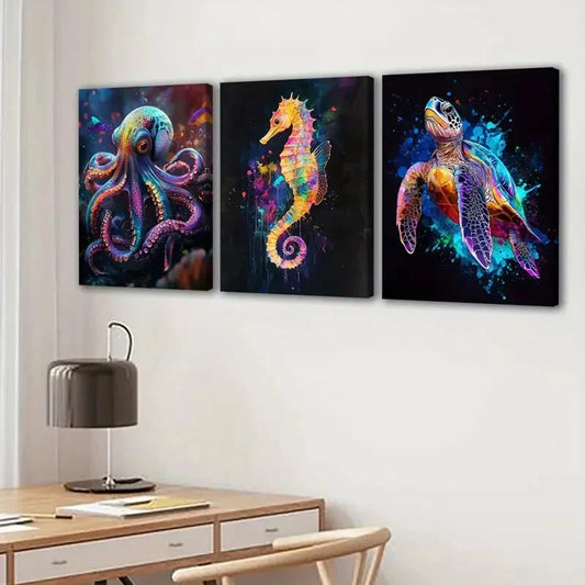 3pcs Abstract Neon Animals Octopus Seahorse Blue Wall Art Set Canvas Framed 40x60cm - High Quality Print 100% Australian Made Wall Canvas Ready to Hang