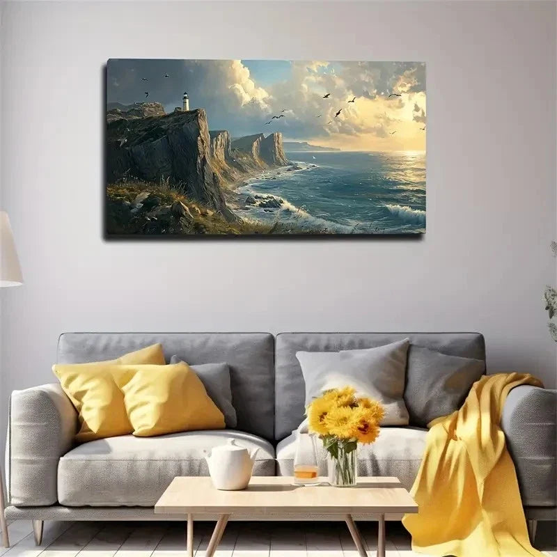 Lighthouse On The Cliff Wall Art Canvas Office Home Room Framed 80x45cm