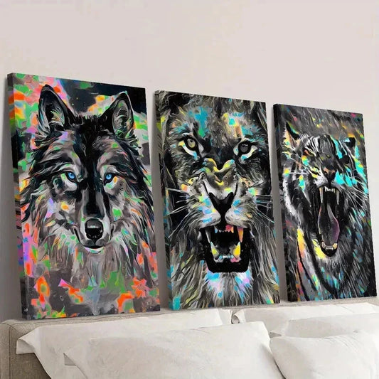 3pcs Wolf Lion and Tiger Head Portraits Wall Art Set Canvas Framed 40x60cm - High Quality Print 100% Australian Made Wall Canvas Ready to Hang
