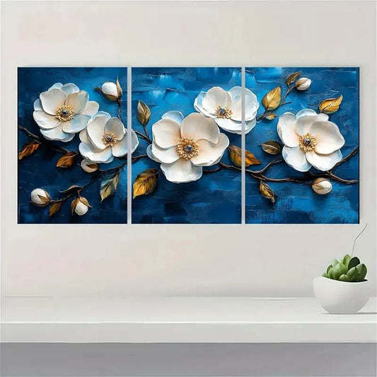 3pcs Blue White Flowers Painting Metal Print Ready to Hang Art