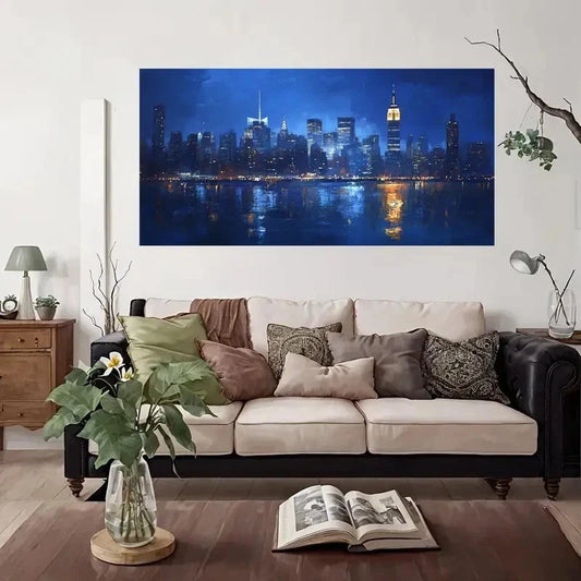 City Lights Reflections Water Wall Art Canvas Office Home Room Framed 80x45cm