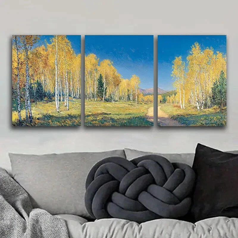 3pcs Autumn Birch Forest Scene Metal Print Ready to Hang Art