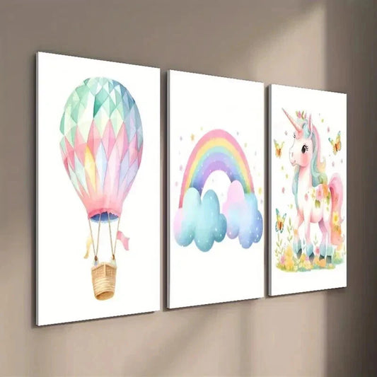 3pcs Cute Pink Unicorn Flowers And Butterflies Wall Art Set Canvas Framed 40x60cm - High Quality Print 100% Australian Made Wall Canvas Ready to Hang