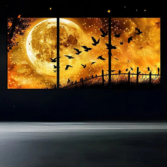 3pcs Moon and Birds Silhouette Metal Print Ready to Hang Art