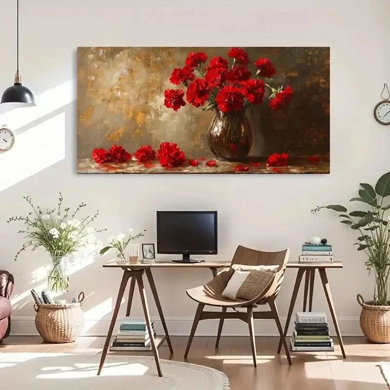 Vibrant Red Carnation Vase Wall Art Canvas Office Home Room Framed 80x45cm