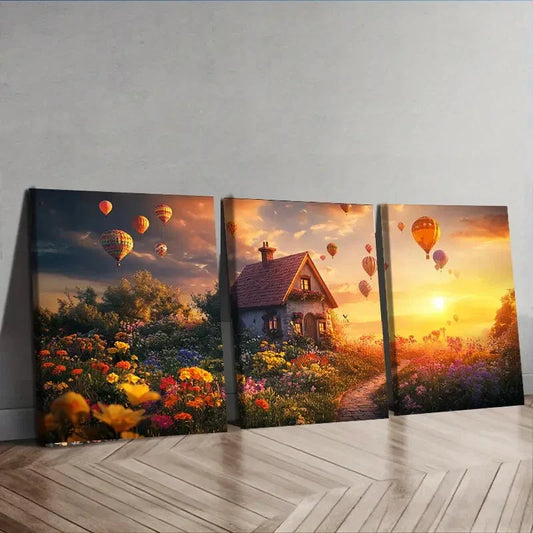 3pcs Floral Cottage & Hot Air Balloons Sun Shine Sky Perfect Wall Art Set Canvas Framed 40x60cm - High Quality Print 100% Australian Made Wall Canvas Ready to Hang