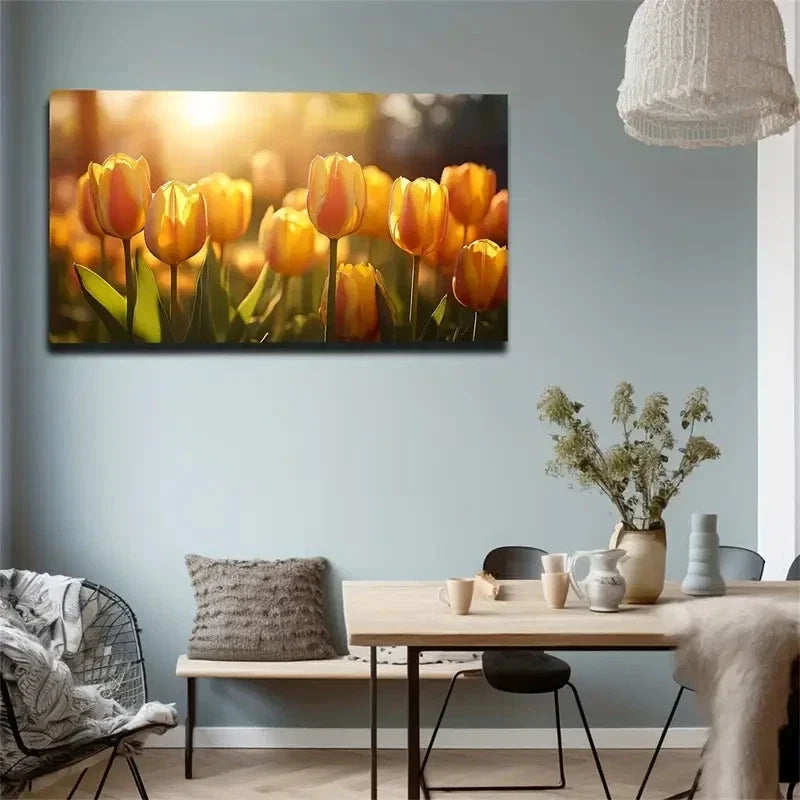 Vibrant Sunset Yellow Tulips Wall Art Canvas Office Home Room Framed 80x45cm