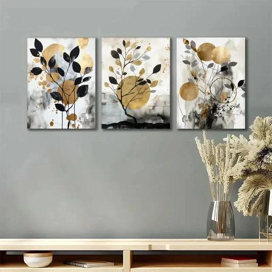 3pcs Golden Shapes Botanical Black & Golden Metal Print Ready to Hang Art