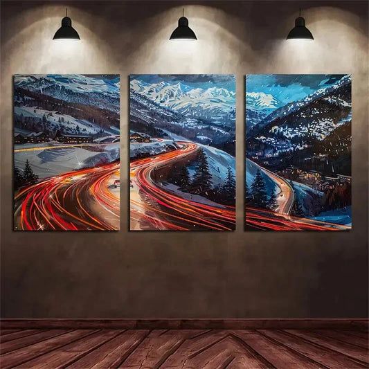 3pcs Mountain Road Night Lights Metal Print Ready to Hang Art
