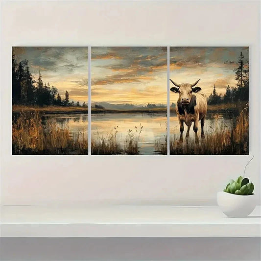 3pcs Vintage Cow Meadow Landscape Metal Print Ready to Hang Art