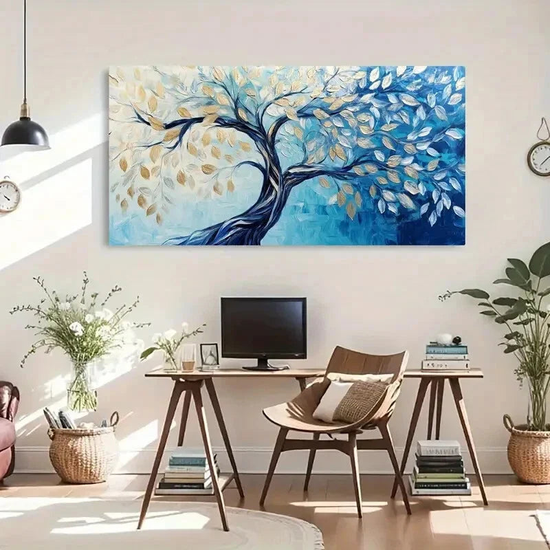 Blue Gradient Golden Leaves Wall Art Canvas Office Home Room Framed 120x60cm