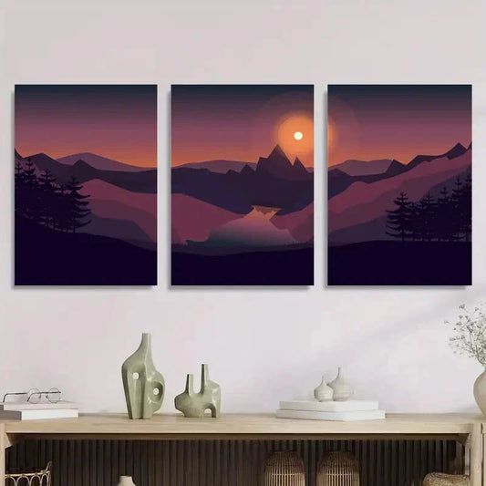 3pcs Abstract Mountain Sunset Landscape Metal Print Ready to Hang Art