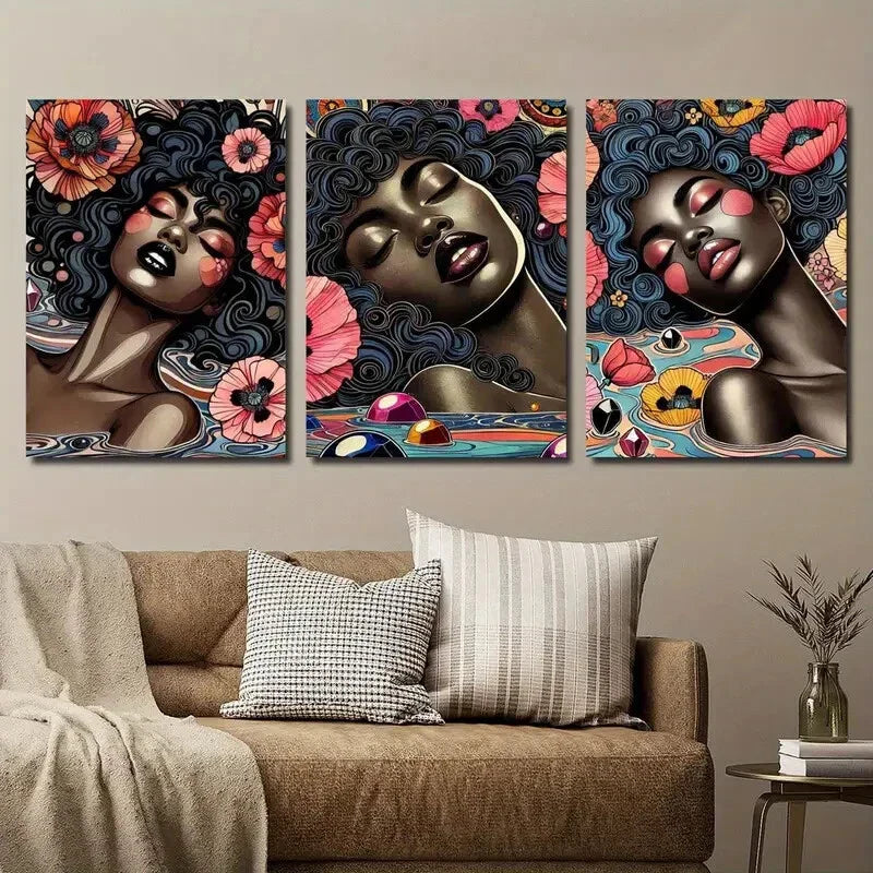 3pcs Vibrant Black Woman with Floral Headpieces Wall Art Set Canvas Framed 40x60cm - High Quality Print 100% Australian Made Wall Canvas Ready to Hang