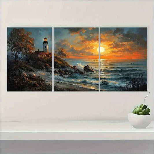 3pcs Coastal Lighthouse Beach Scene Metal Print Ready to Hang Art