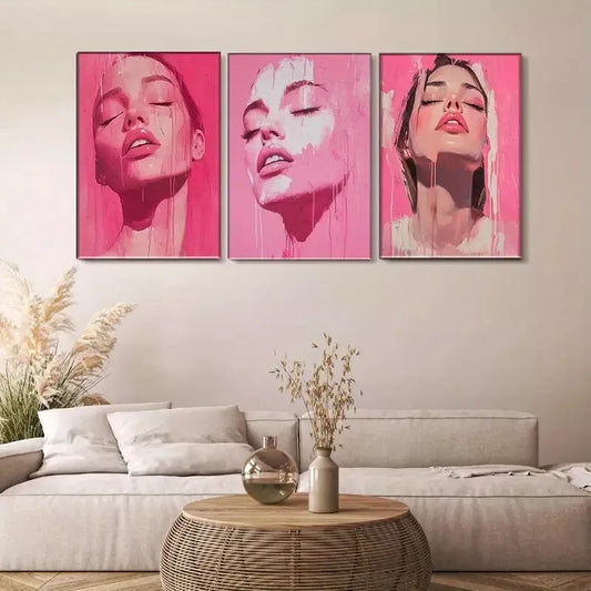 3pcs Pink Female Portrait Triptych Wall Art Set Canvas Framed 40x60cm - High Quality Print 100% Australian Made Wall Canvas Ready to Hang