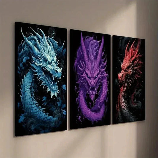 3pcs Blue Purple & Red Vibrant Dragons Wall Art Set Canvas Framed 40x60cm - High Quality Print 100% Australian Made Wall Canvas Ready to Hang