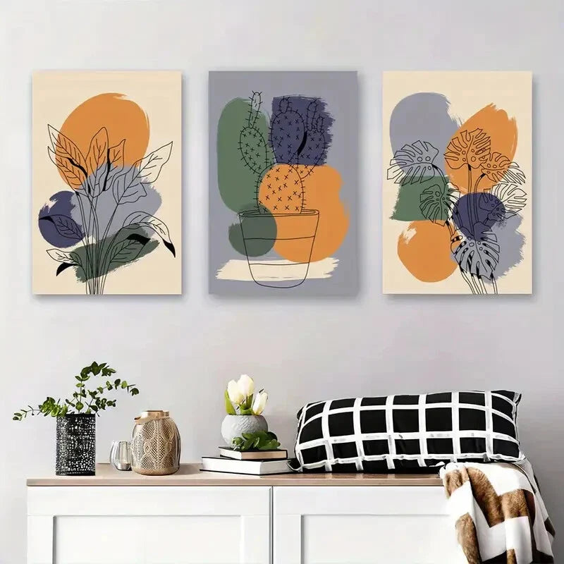 3pcs Monstera and Greenery with Abstract Metal Print Ready to Hang Art