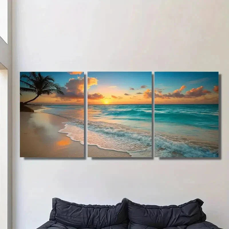 3pcs Beach Sunset Triptych Palm Trees Vibrant Sky Metal Print Ready to Hang Art